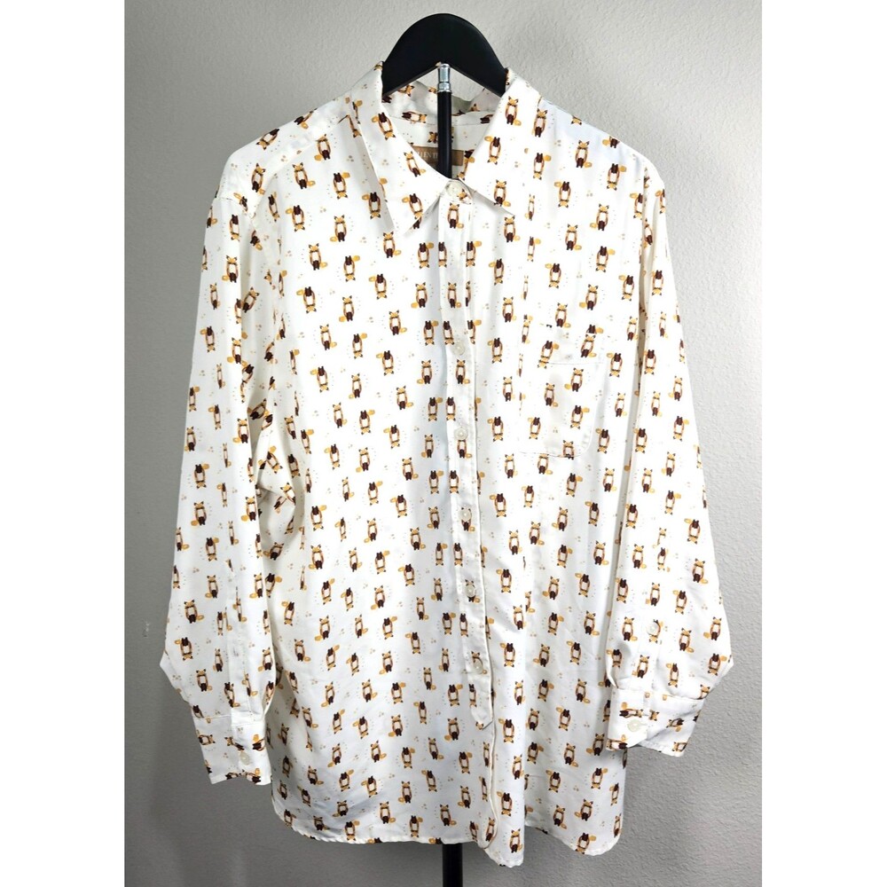 Ellen Tracy XL Fox Print Button Front Blouse Womens White Novelty Animal Top